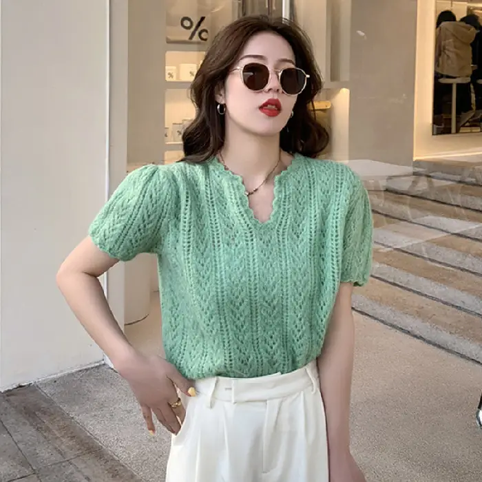 Green Knit V-Neck Top for Women Spring Summer — feature 48