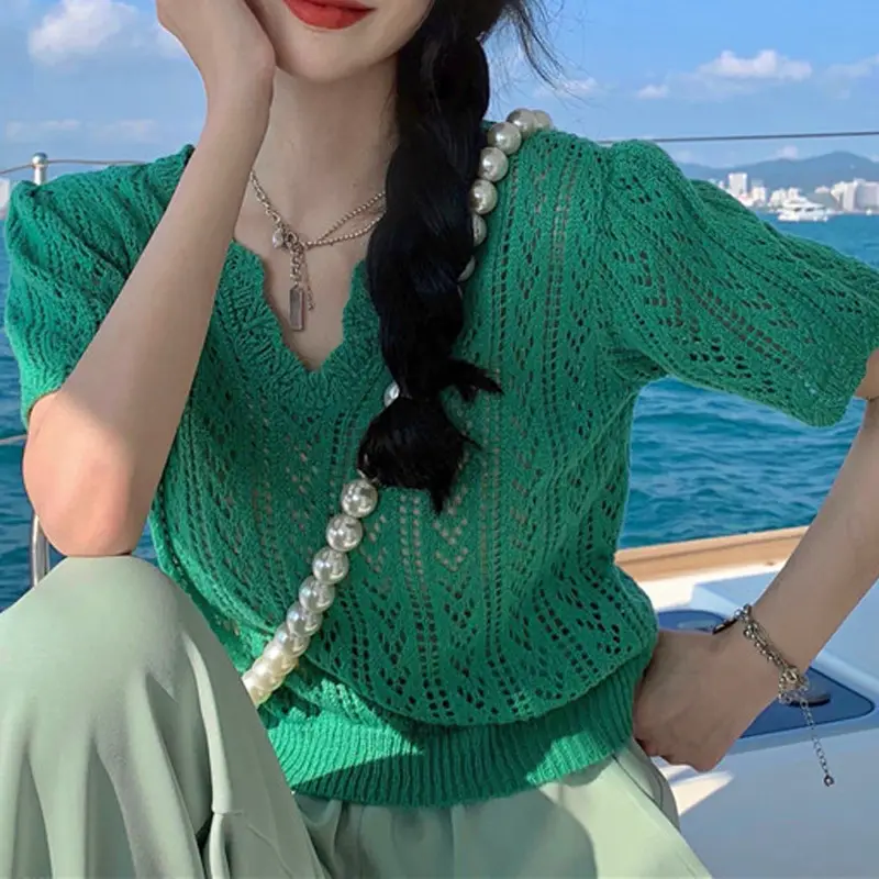 Green Knit V-Neck Top for Women Spring Summer — feature 49