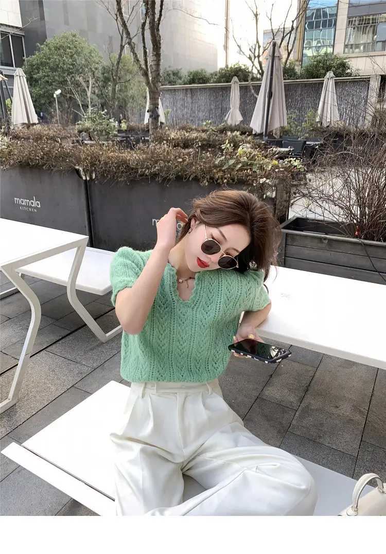 Green Knit V-Neck Top for Women Spring Summer — feature 50