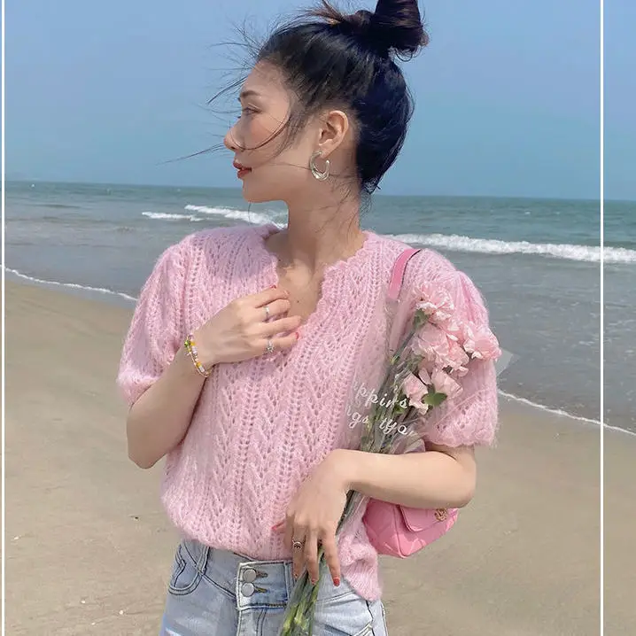 Green Knit V-Neck Top for Women Spring Summer — feature 8