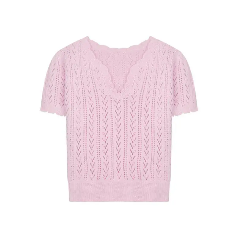 Green Knit V-Neck Top for Women Spring Summer - Image 2