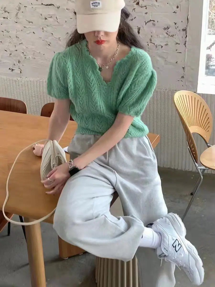 Green Knit V-Neck Top for Women Spring Summer - Image 4