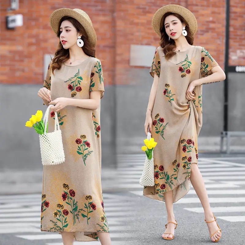 Middle-Aged Cotton Silk Floral Dress Summer Long Skirt Large