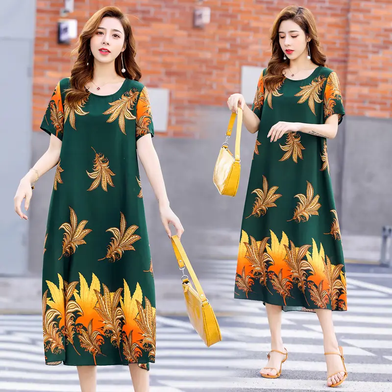 Middle-Aged Cotton Silk Floral Dress Summer Long Skirt Large