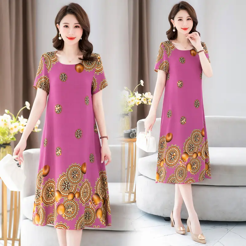Middle-Aged Cotton Silk Floral Dress Summer Long Skirt Large