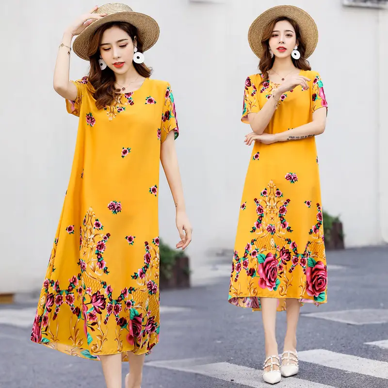 Middle-Aged Cotton Silk Floral Dress Summer Long Skirt Large
