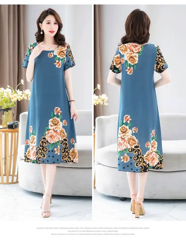 Middle-Aged Cotton Silk Floral Dress Summer Long Skirt Large — feature 18