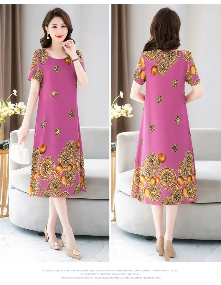 Middle-Aged Cotton Silk Floral Dress Summer Long Skirt Large — feature 21