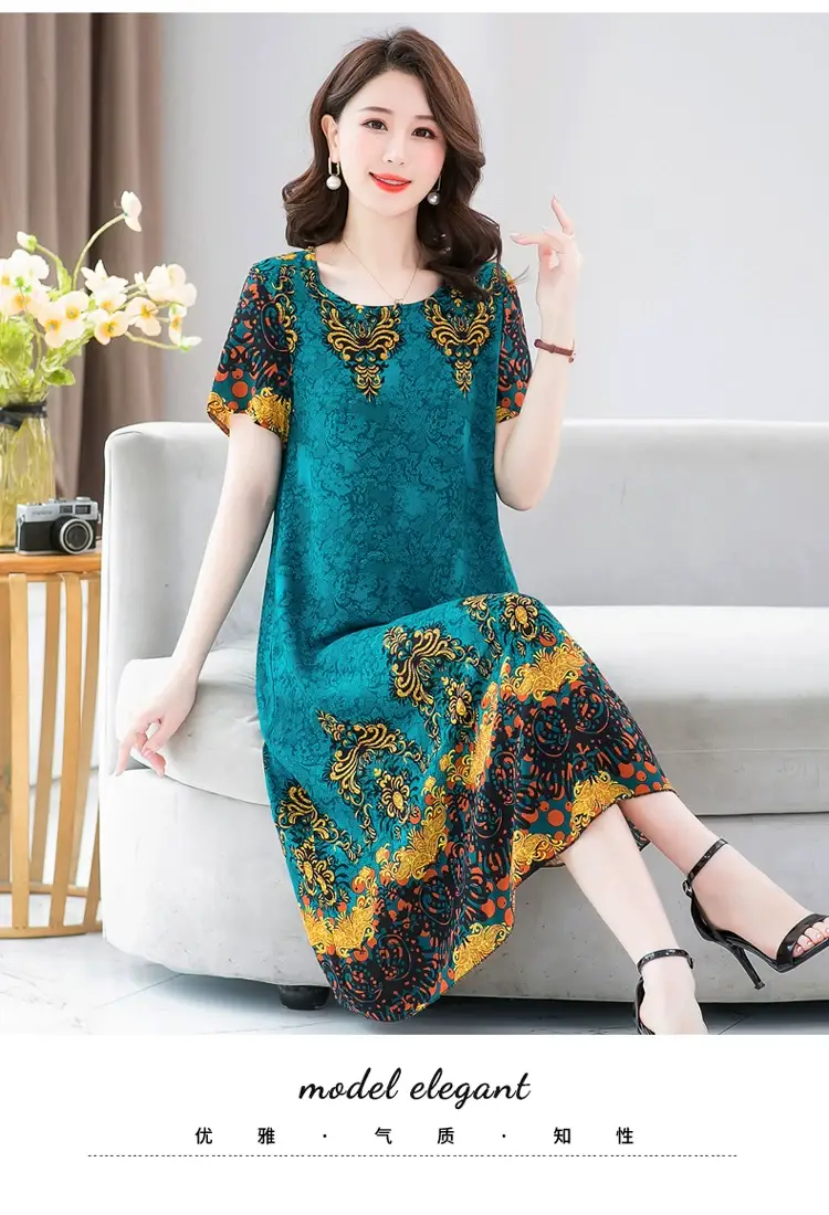 Middle-Aged Cotton Silk Floral Dress Summer Long Skirt Large — feature 22