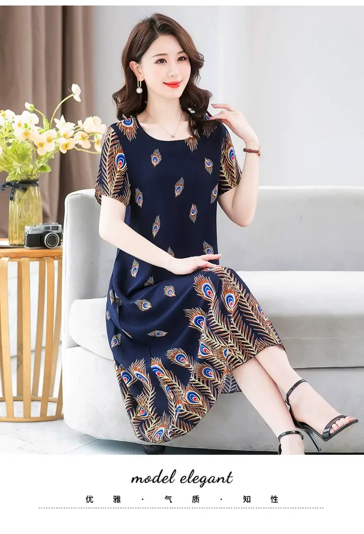 Middle-Aged Cotton Silk Floral Dress Summer Long Skirt Large — feature 26