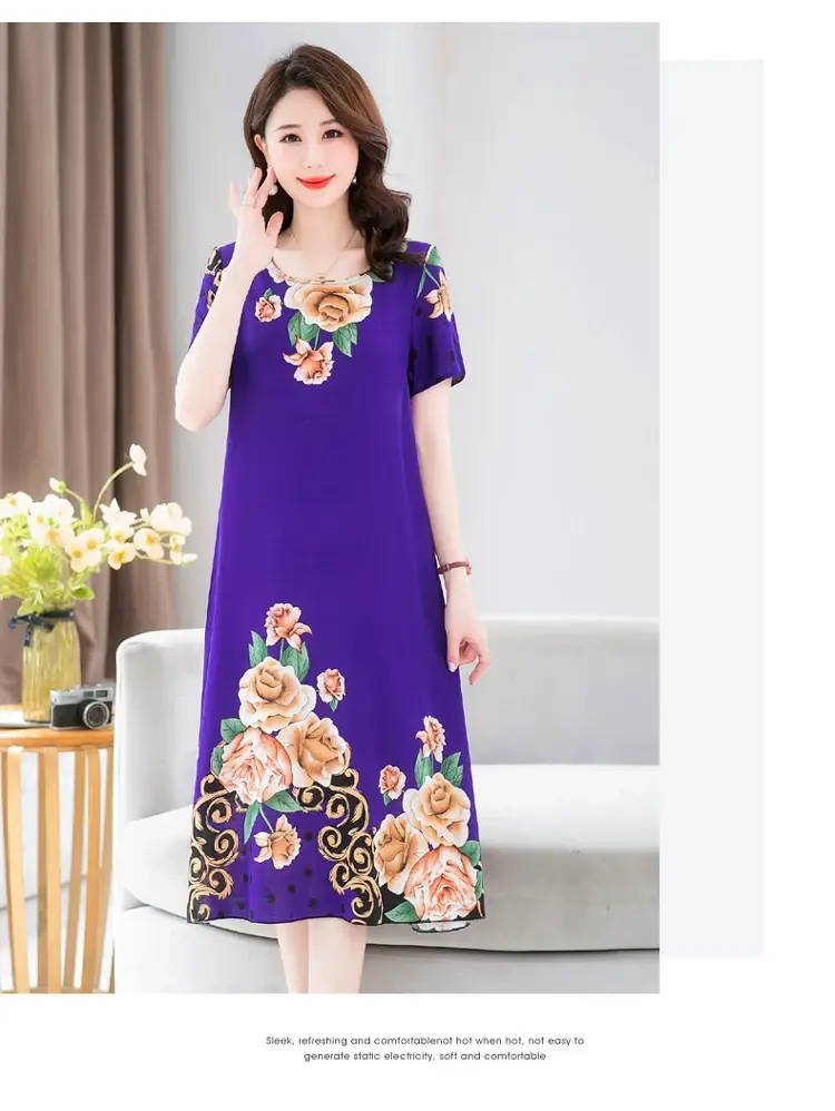 Middle-Aged Cotton Silk Floral Dress Summer Long Skirt Large — feature 29