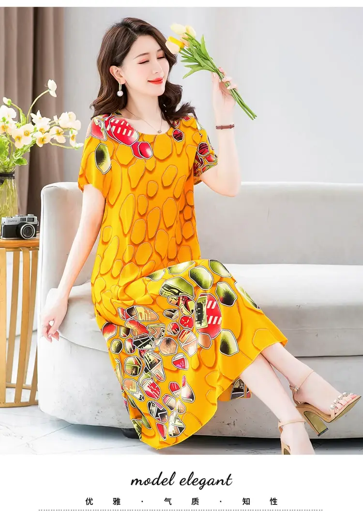 Middle-Aged Cotton Silk Floral Dress Summer Long Skirt Large — feature 32