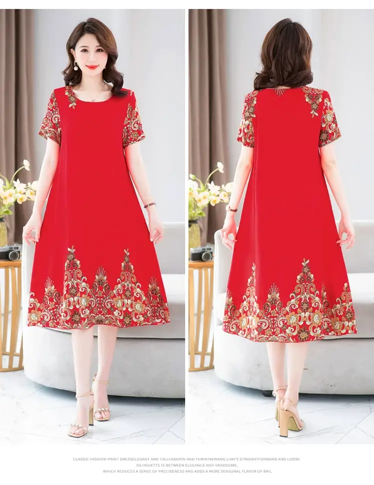 Middle-Aged Cotton Silk Floral Dress Summer Long Skirt Large — feature 33