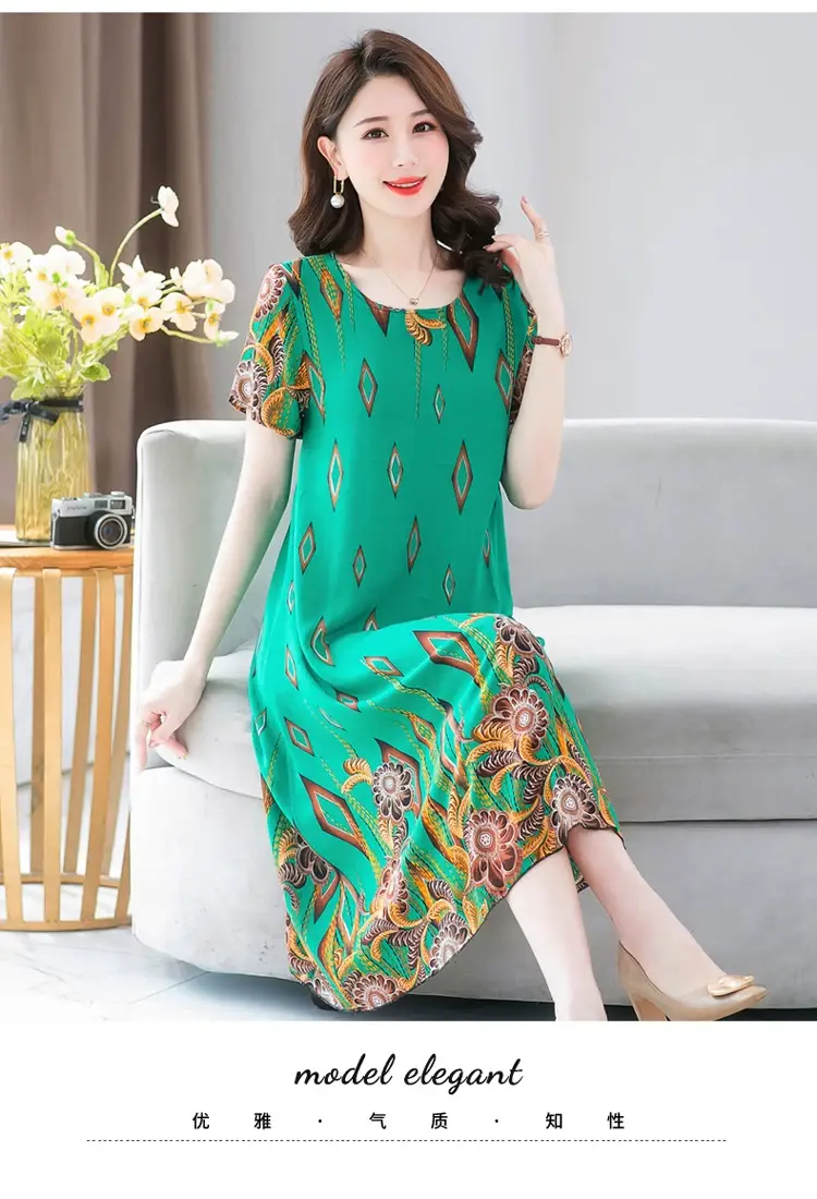 Middle-Aged Cotton Silk Floral Dress Summer Long Skirt Large — feature 35