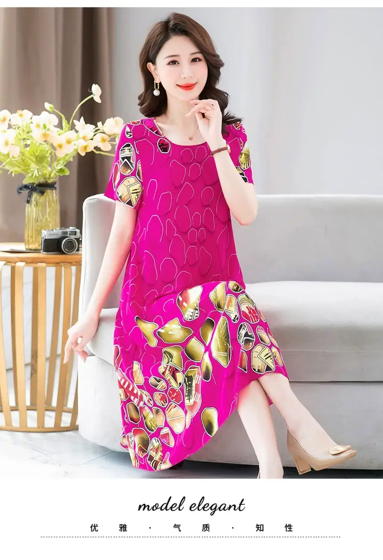 Middle-Aged Cotton Silk Floral Dress Summer Long Skirt Large — feature 38