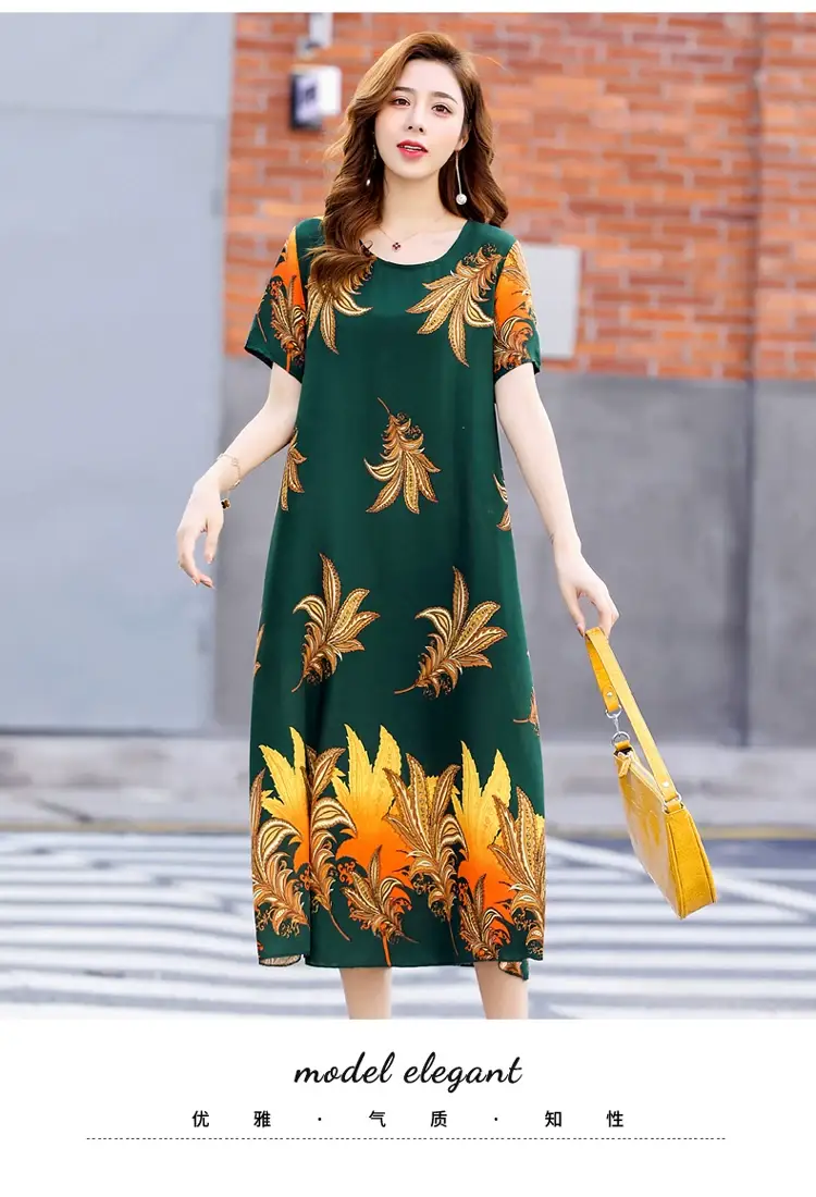 Middle-Aged Cotton Silk Floral Dress Summer Long Skirt Large — feature 41