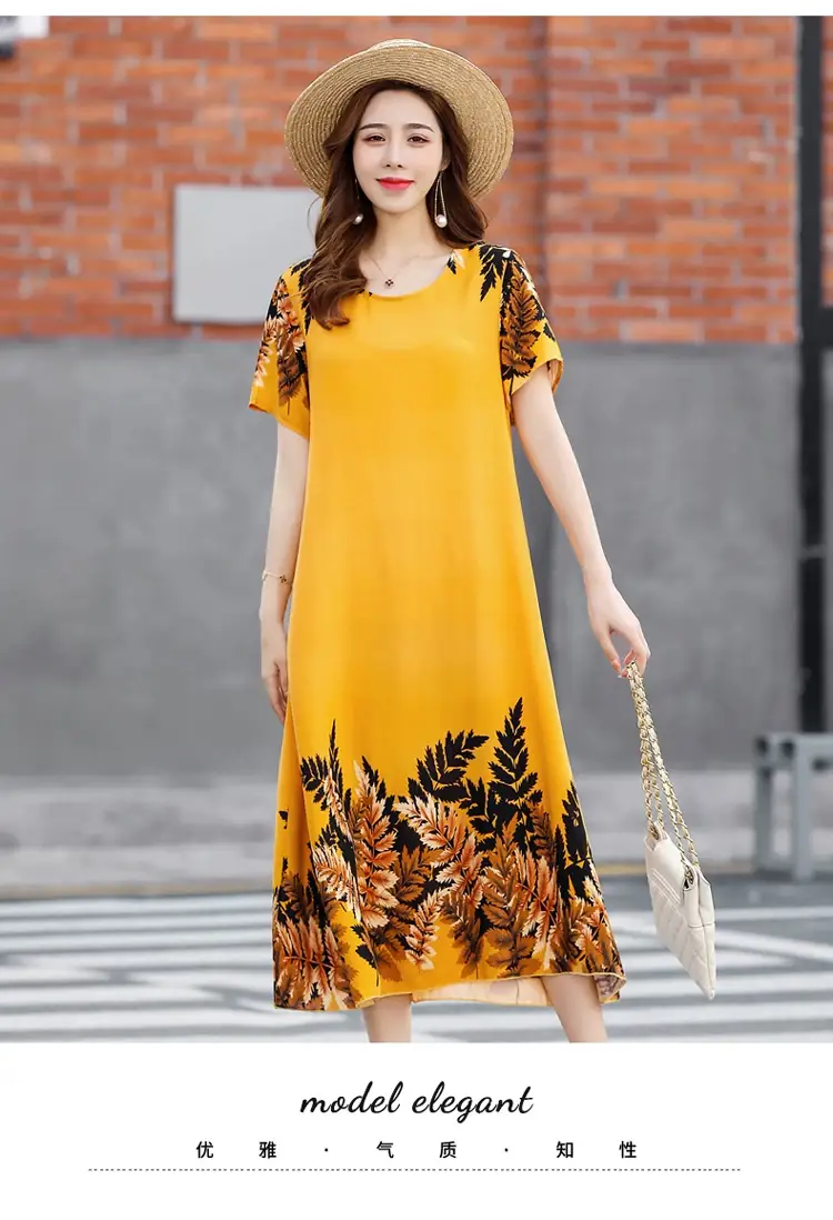 Middle-Aged Cotton Silk Floral Dress Summer Long Skirt Large — feature 42