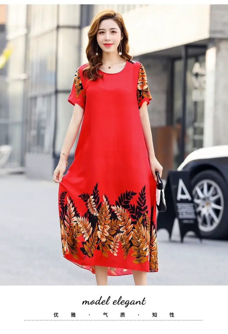 Middle-Aged Cotton Silk Floral Dress Summer Long Skirt Large — feature 44