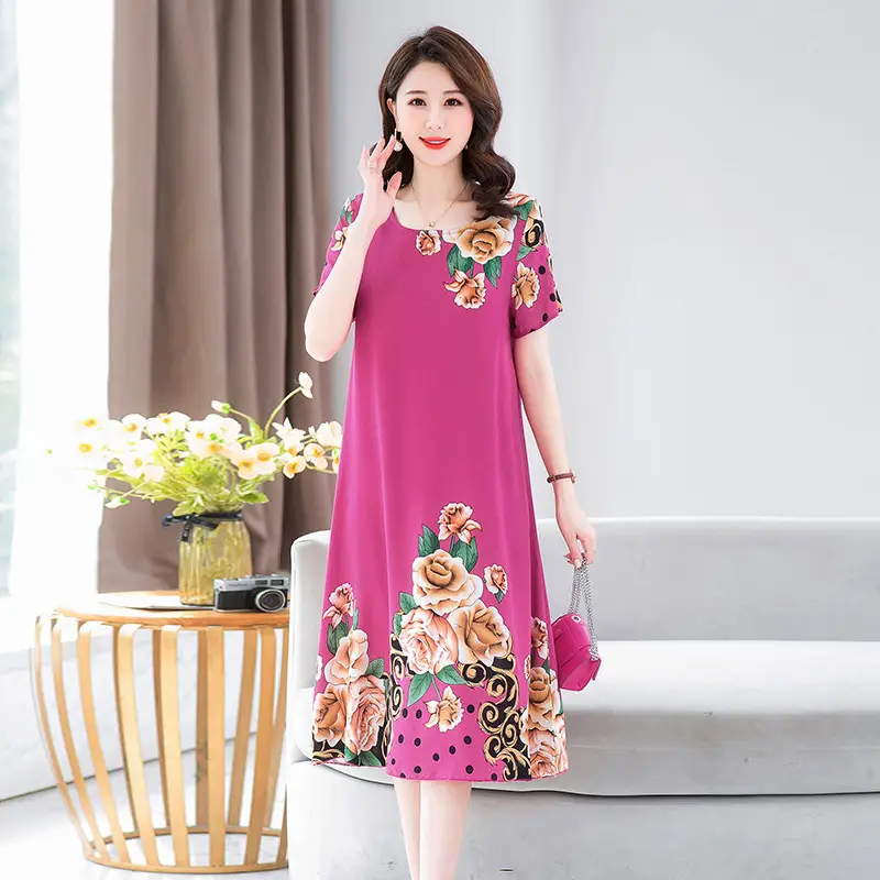 Middle-Aged Cotton Silk Floral Dress Summer Long Skirt Large