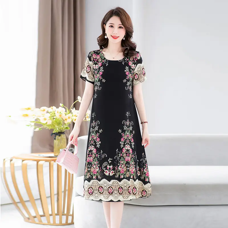 Middle-Aged Cotton Silk Floral Dress Summer Long Skirt Large