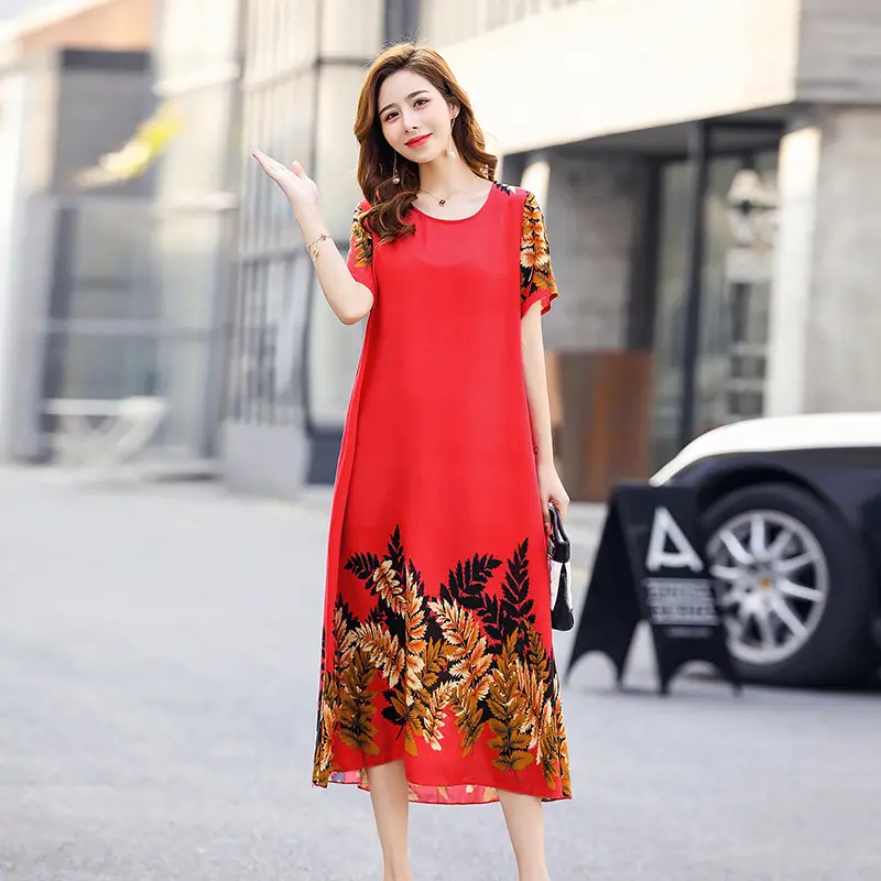 Middle-Aged Cotton Silk Floral Dress Summer Long Skirt Large
