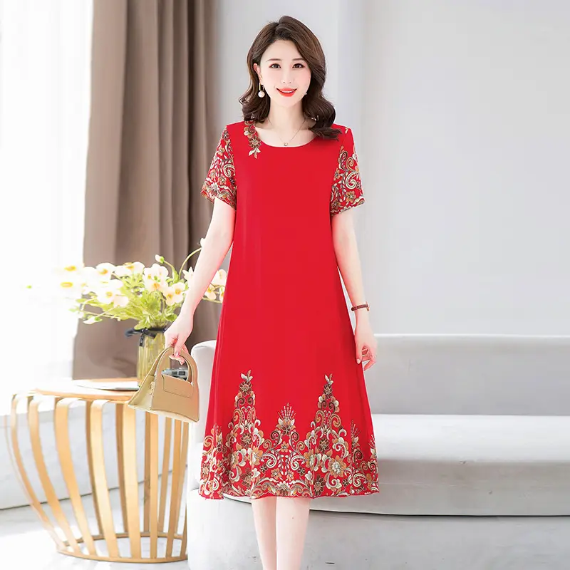 Middle-Aged Cotton Silk Floral Dress Summer Long Skirt Large