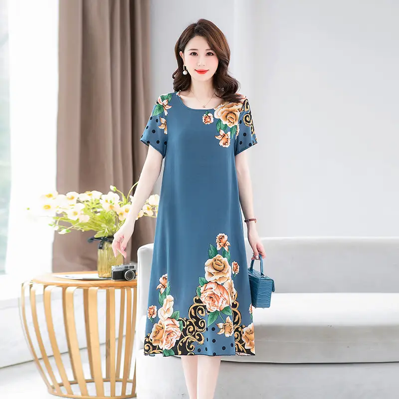 Middle-Aged Cotton Silk Floral Dress Summer Long Skirt Large