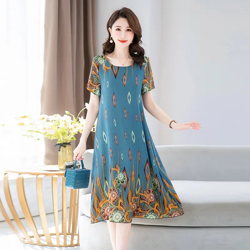 Middle-Aged Cotton Silk Floral Dress Summer Long Skirt Large