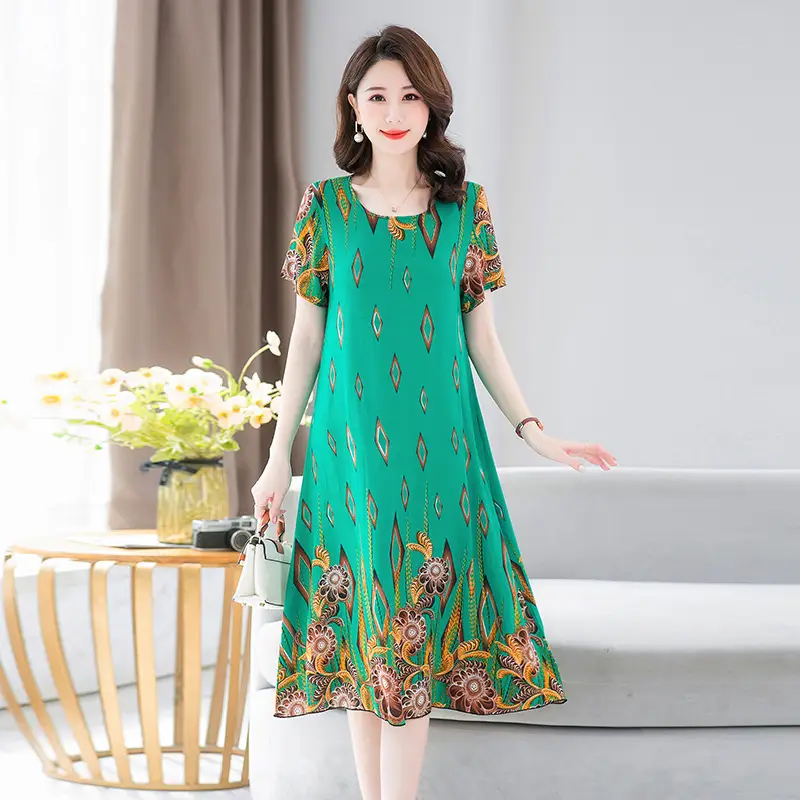 Middle-Aged Cotton Silk Floral Dress Summer Long Skirt Large