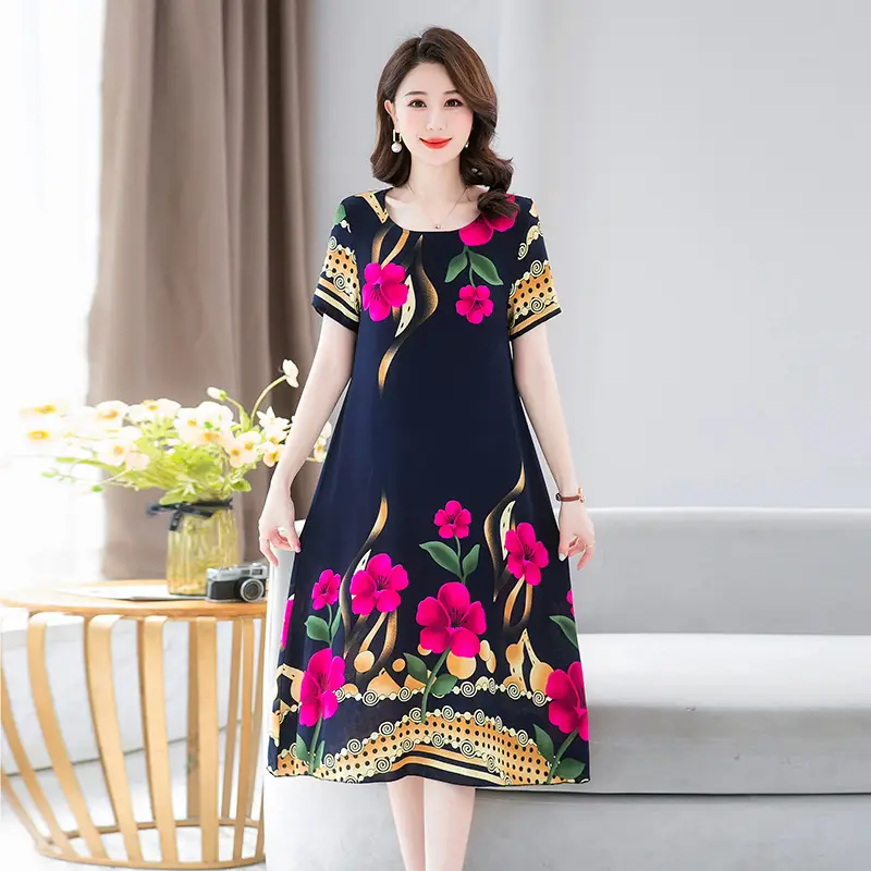 Middle-Aged Cotton Silk Floral Dress Summer Long Skirt Large