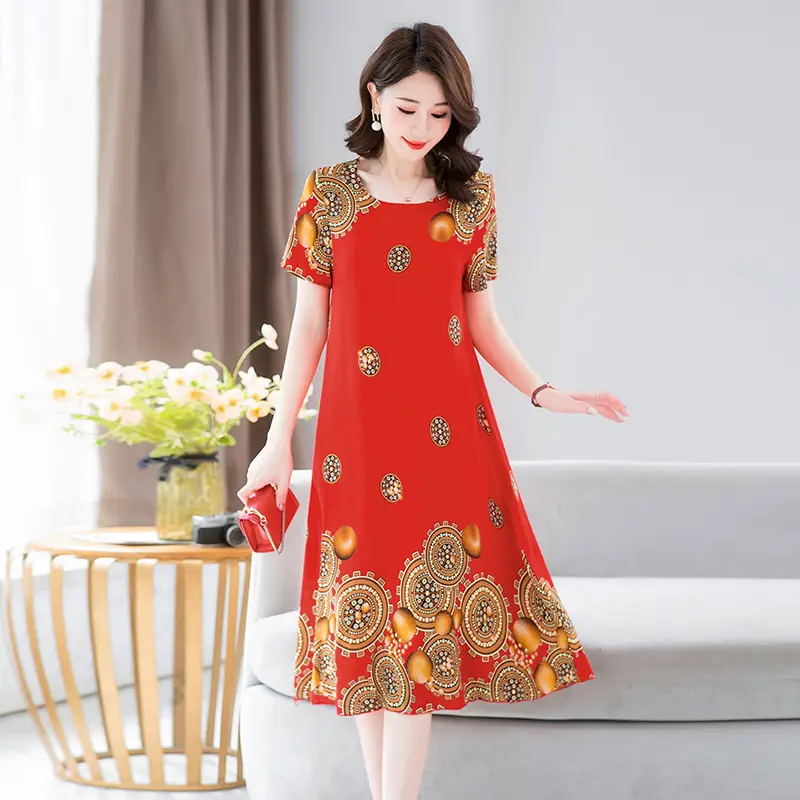Middle-Aged Cotton Silk Floral Dress Summer Long Skirt Large