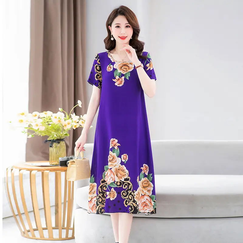 Middle-Aged Cotton Silk Floral Dress Summer Long Skirt Large