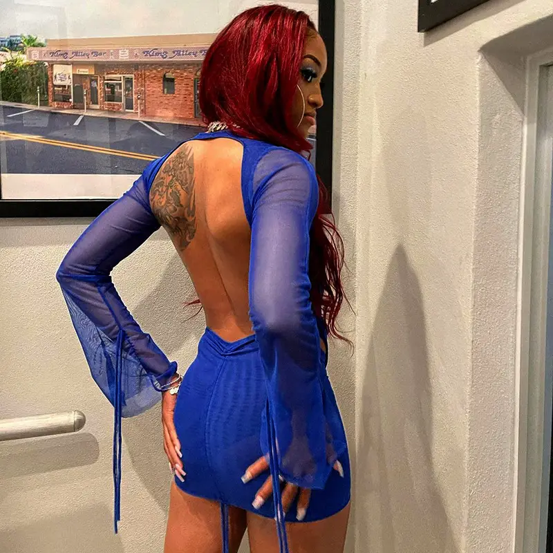 Blue V-Back Mesh 2-Piece Summer Outfit for Women