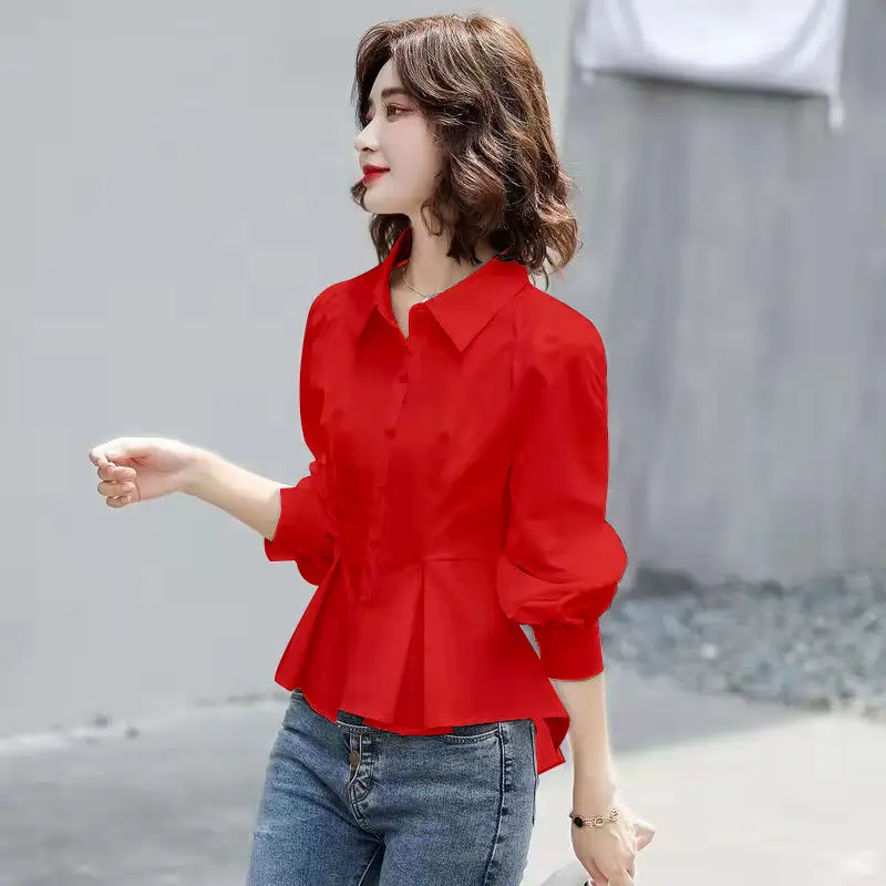 Red New Lapel Shirt for Women Single Breasted - Image 2