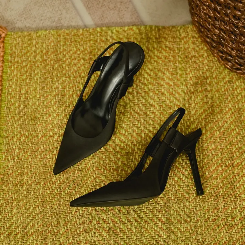 Z Family Model 2023 Autum New Silks and Satins Blue Pointed Toe Stiletto Women's Shoes with Slingback and Elegant Women's Sandals