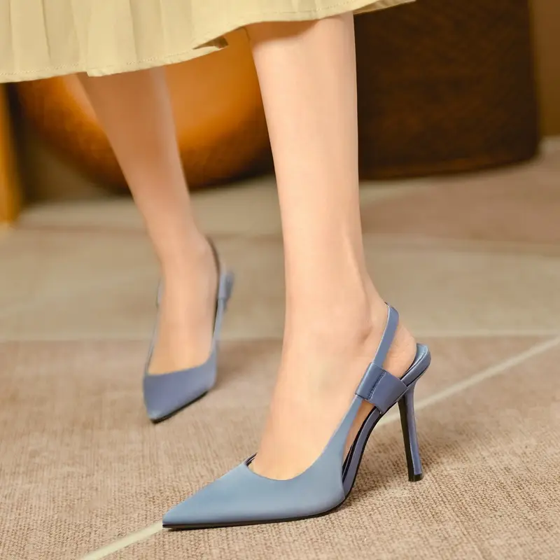Z Family Model 2023 Autum New Silks and Satins Blue Pointed Toe Stiletto Women's Shoes with Slingback and Elegant Women's Sandals — feature 8
