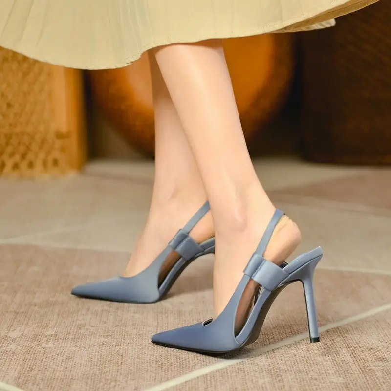 Z Family Model 2023 Autum New Silks and Satins Blue Pointed Toe Stiletto Women's Shoes with Slingback and Elegant Women's Sandals
