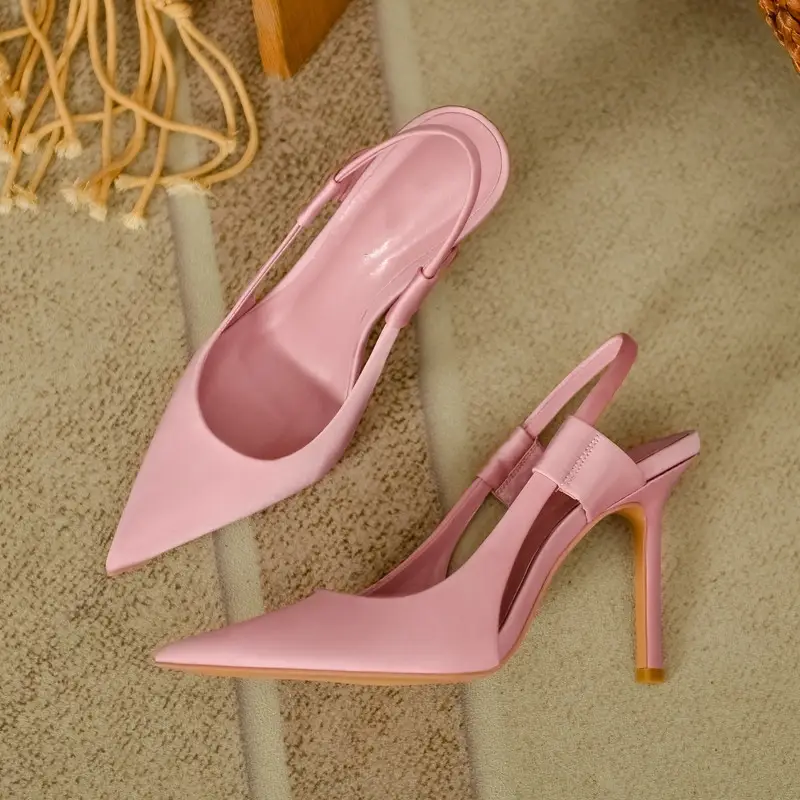 Z Family Model 2023 Autum New Silks and Satins Blue Pointed Toe Stiletto Women's Shoes with Slingback and Elegant Women's Sandals