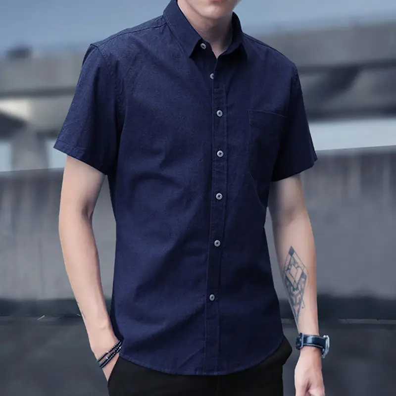 Men Navy Blue Short Sleeve Button Down Shirt - Image 7
