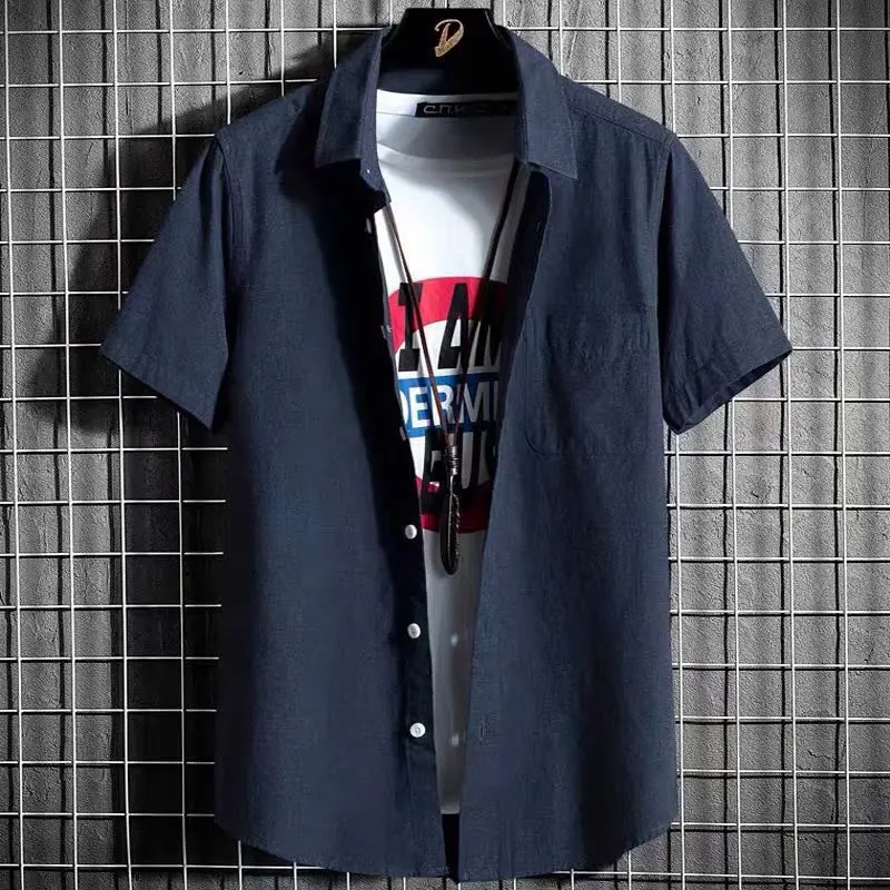 Men Navy Blue Short Sleeve Button Down Shirt - Image 4