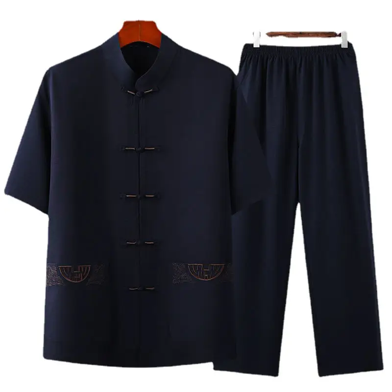 Men's Navy Blue Tai Chi Suit Short Sleeve Cotton Linen - Image 16