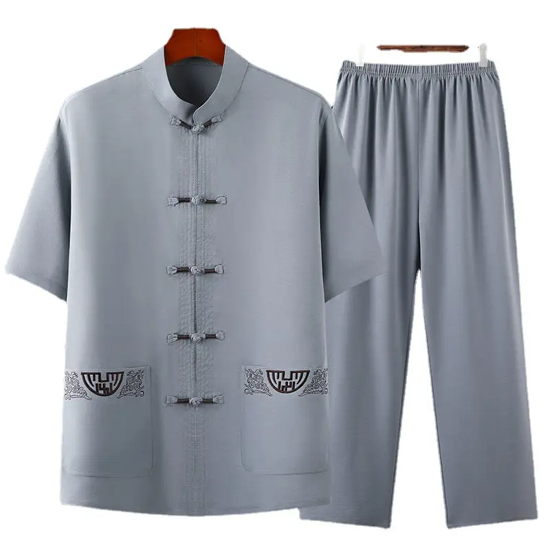 Men's Navy Blue Tai Chi Suit Short Sleeve Cotton Linen - Image 18