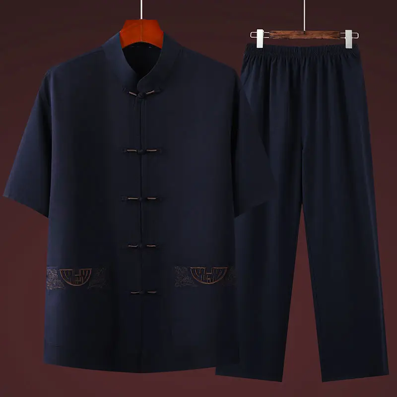 Men's Navy Blue Tai Chi Suit Short Sleeve Cotton Linen - Image 4