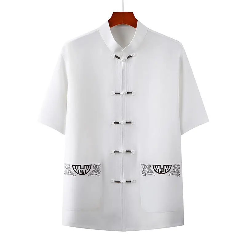 Men's Navy Blue Tai Chi Suit Short Sleeve Cotton Linen - Image 7