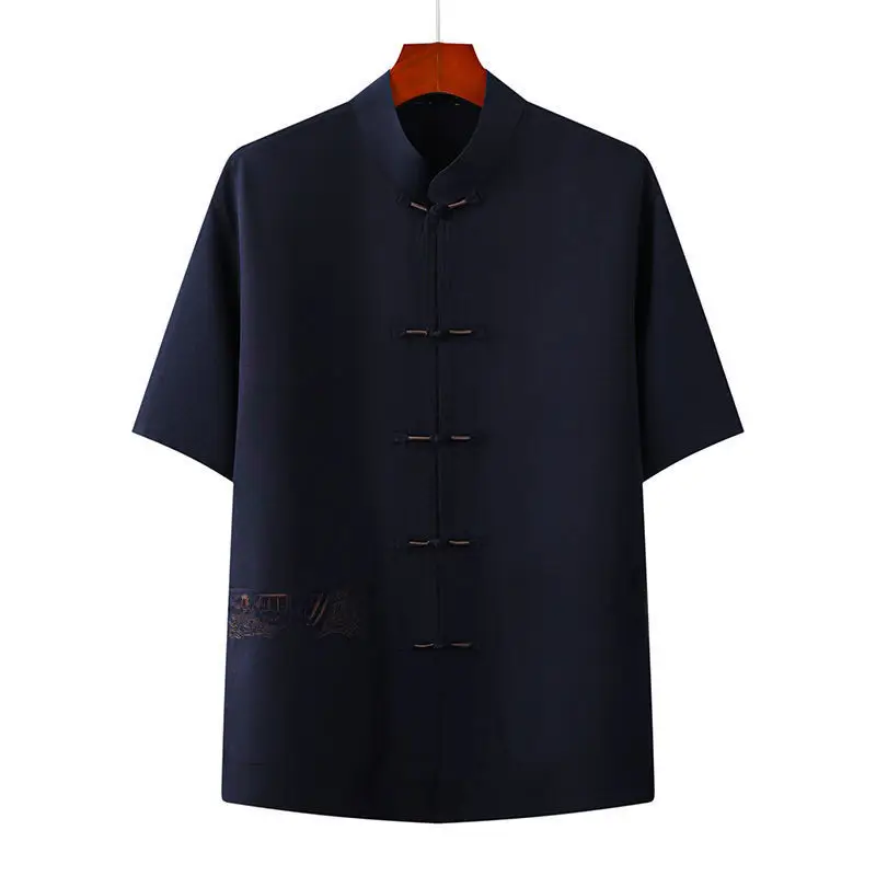 Men's Navy Blue Tai Chi Suit Short Sleeve Cotton Linen - Image 10