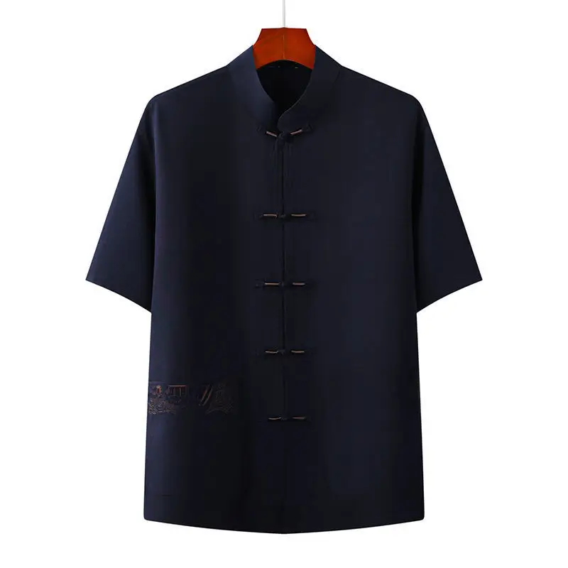 Men's Navy Blue Tai Chi Suit Short Sleeve Cotton Linen - Image 11