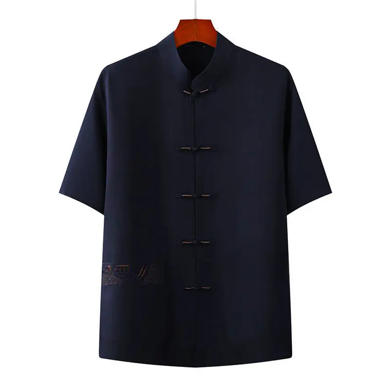 Men's Navy Blue Tai Chi Suit Short Sleeve Cotton Linen - Image 13