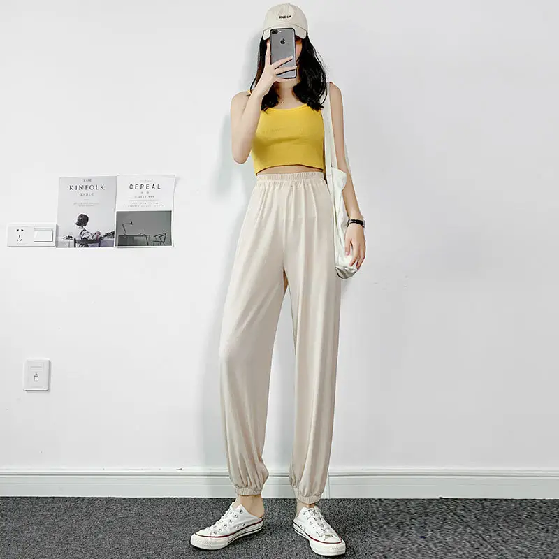 Women Ice Silk Loose Pants Summer Casual Loose Ankle Tied