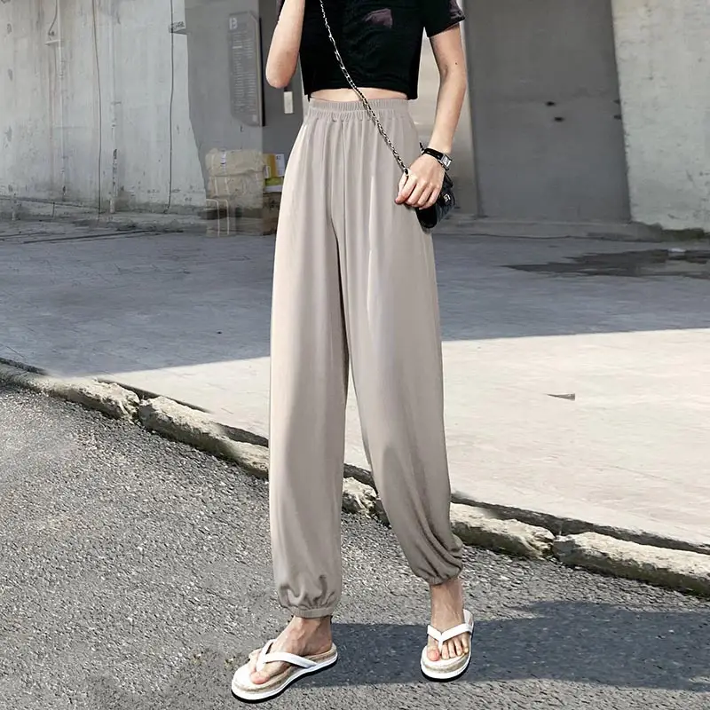 Women Ice Silk Loose Pants Summer Casual Loose Ankle Tied