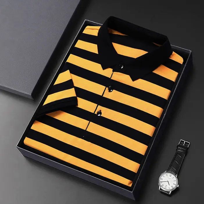 Men Blue Yellow Striped Polo Shirt with Collar - Image 9